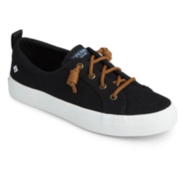 Sperry Crest Vibe Sneakers Black Canvas Shoes Tan Leather Laces Casual Slip-on - Picture 2 of 12